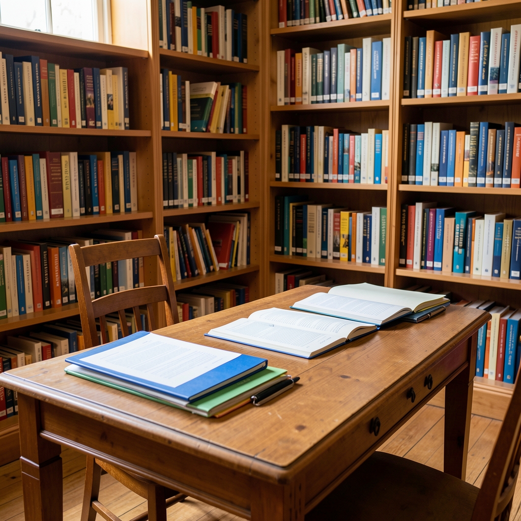 Quiet editorial library with health books, research folders and a wooden reading table