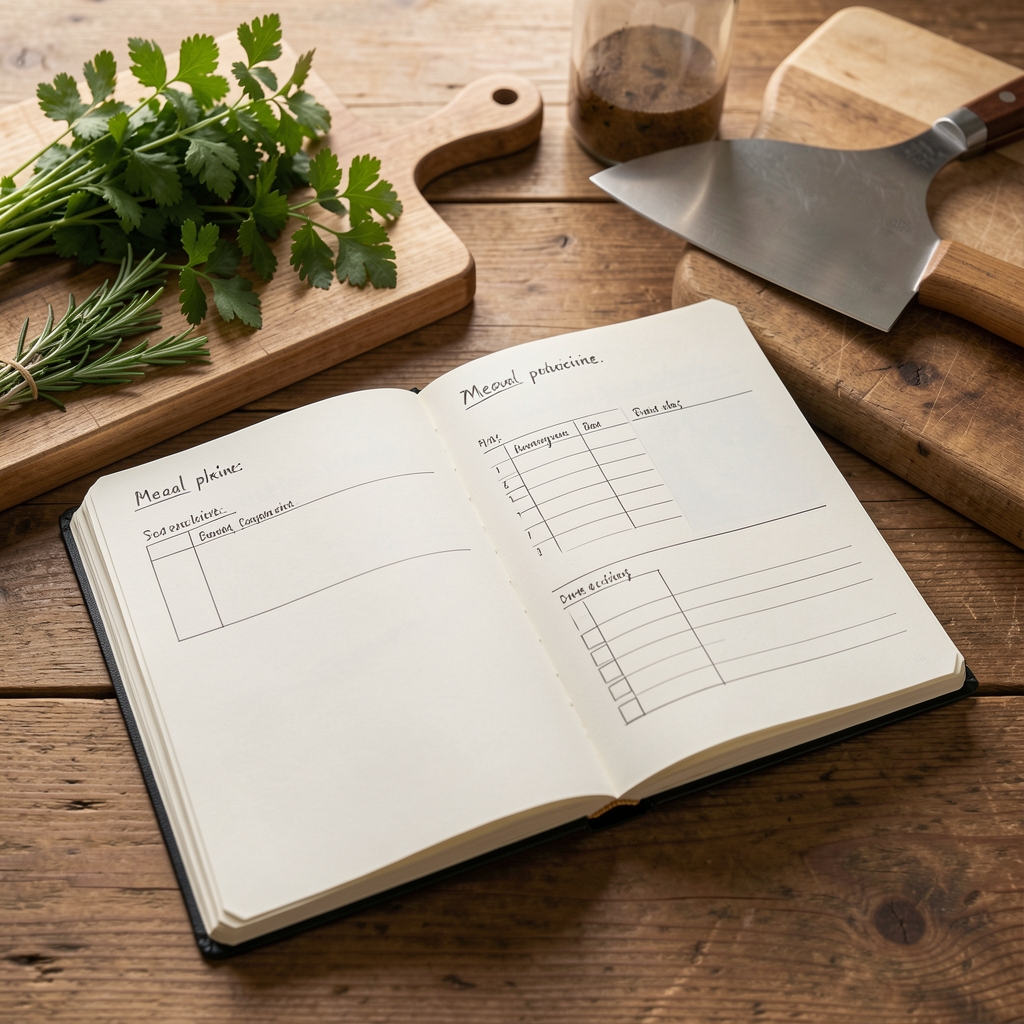 Open notebook with meal planning notes beside a chopping board and fresh herbs