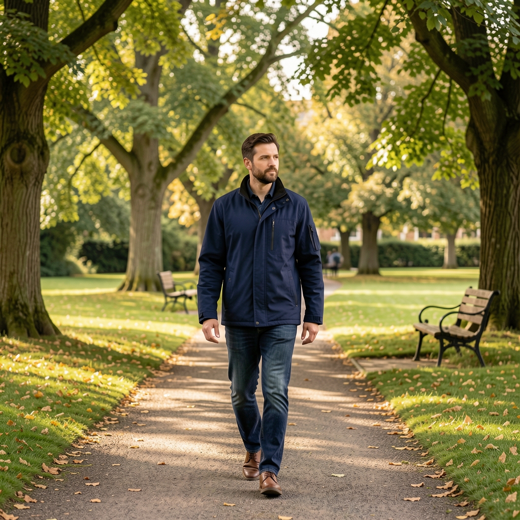 Man in a navy jacket taking a quiet morning walk through a leafy UK park