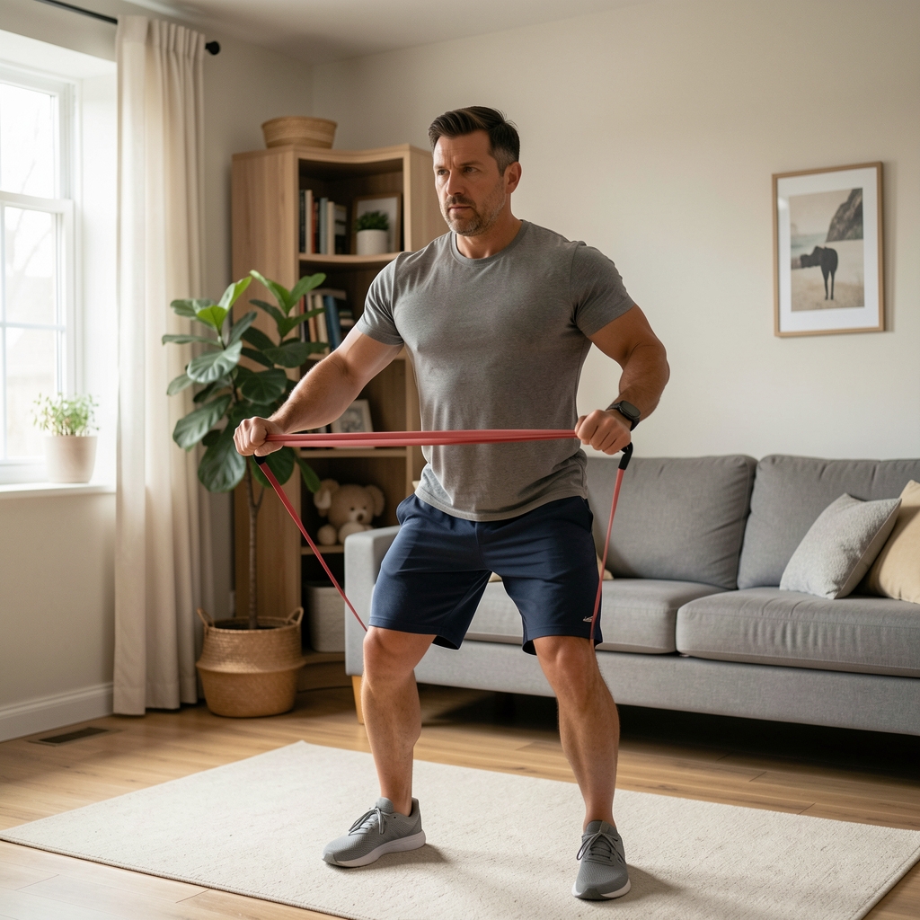 Adult man performing a controlled resistance band exercise in a calm home room