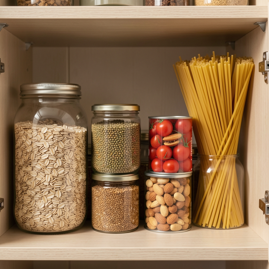 Well-organised pantry with oats, lentils, tinned tomatoes, nuts and wholegrain pasta