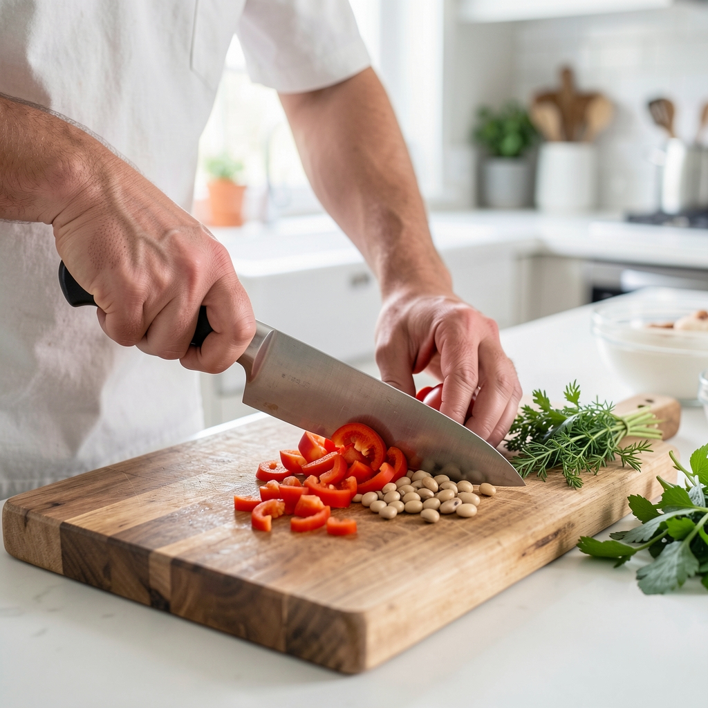 Hands chopping peppers, beans and herbs on a wooden preparation board in a bright kitchen