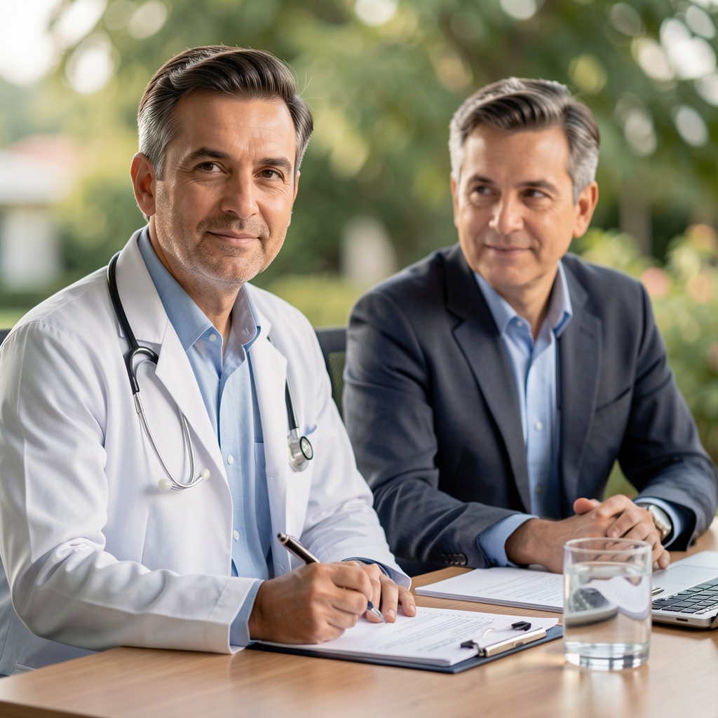Doctor and adult man having a calm consultation beside a desk with notes and water