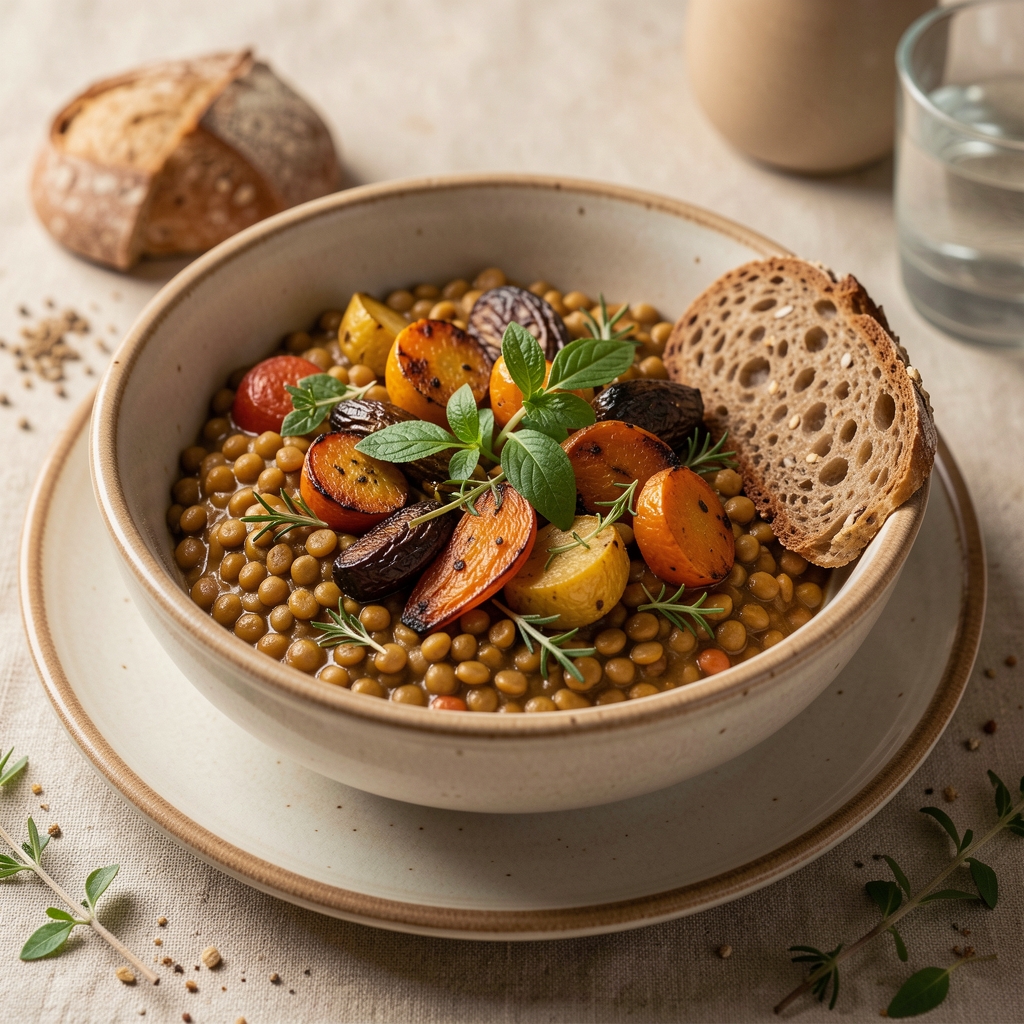 Warm lentil and roasted vegetable bowl with herbs and wholegrain bread on a ceramic plate