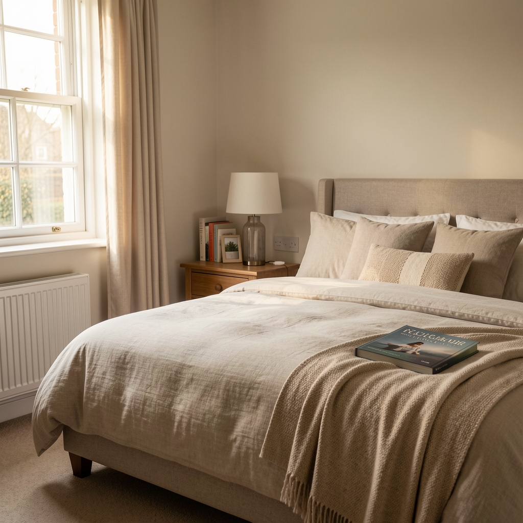 Quiet UK bedroom with natural morning light, tidy bedding and a bedside book