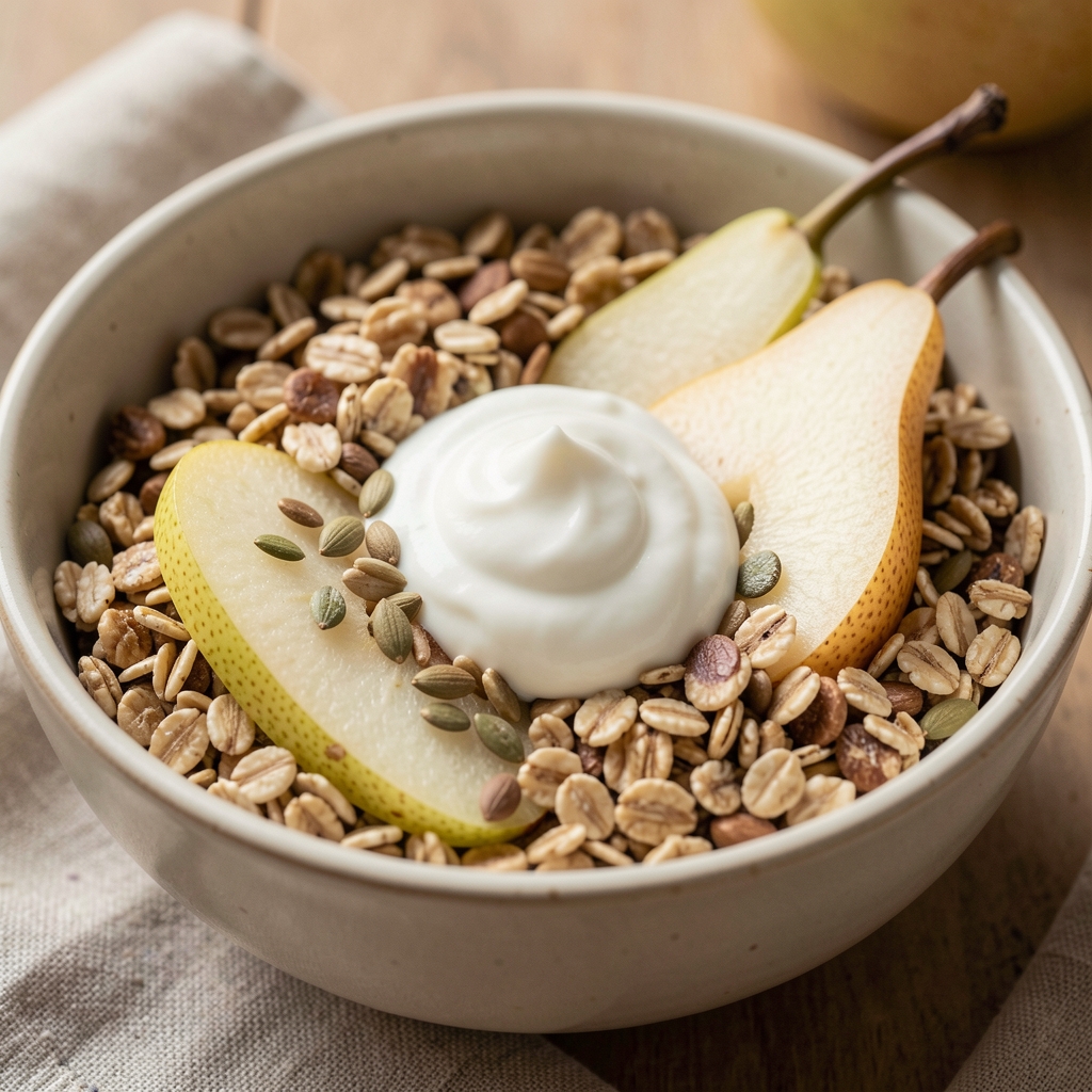 Close view of a wholegrain breakfast bowl with pear, seeds and natural yoghurt